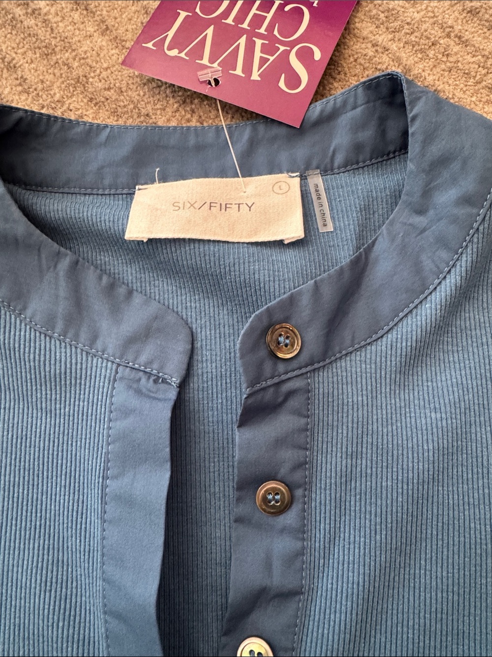 Slate Blue Puff-Sleeve Henley Top - Picture 2 of 6